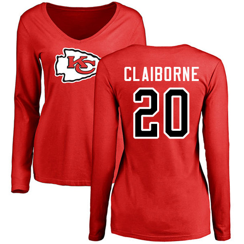 Women Football Kansas City Chiefs #20 Claiborne Morris Red Name and Number Logo Slim Fit Long Sleeve T-Shirt